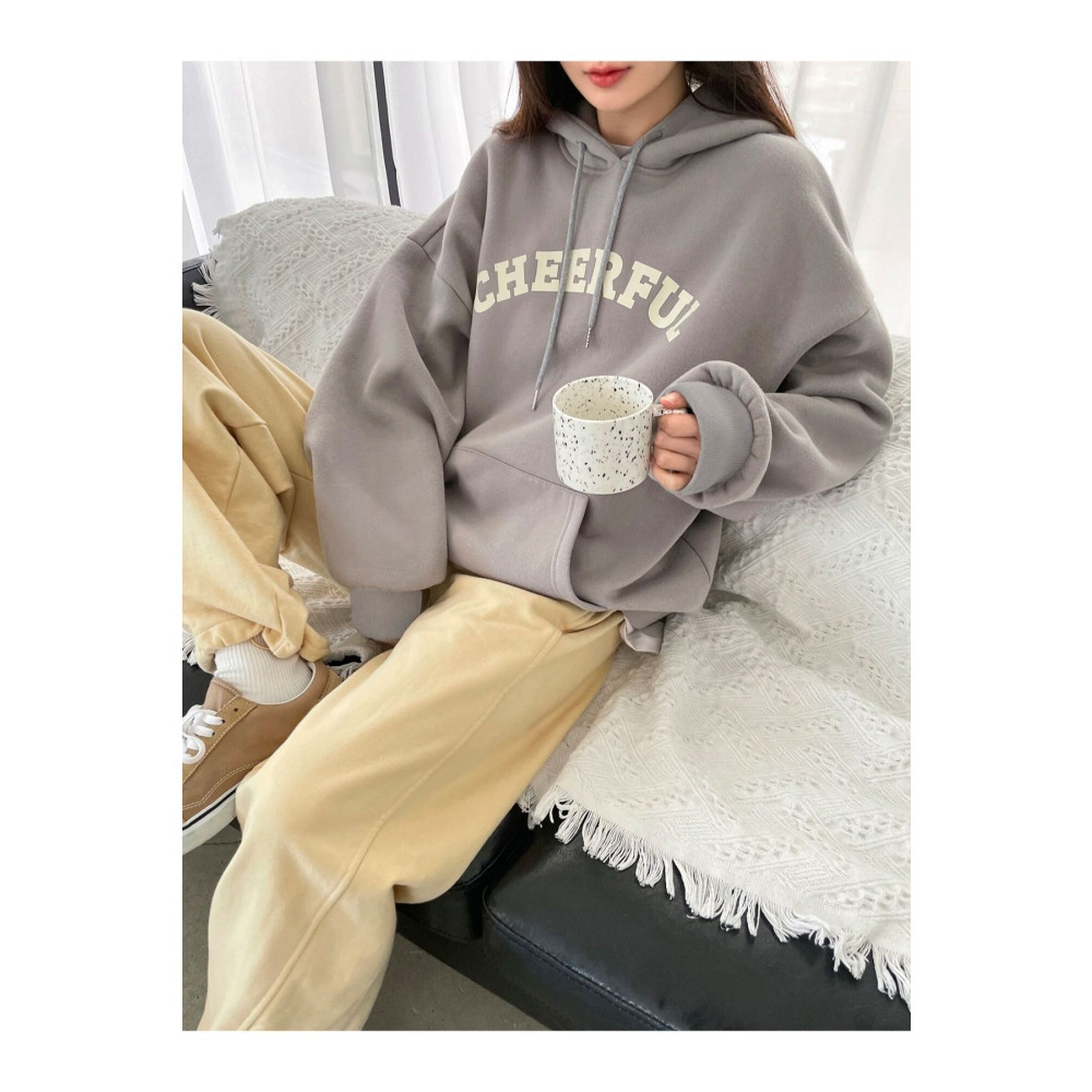 Benisengiydir Kadın Gri Cheerful Baskılı Oversize Kapüşonlu Sweatshirt XL Beden Bayan Sweatshirt Fiyatı