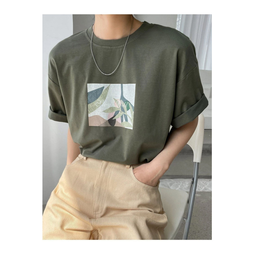 Benisengiydir Kadın Haki Çiçek Baskılı Oversize Bisiklet Yaka Tshirt XL Beden Bayan T-shirt Fiyatı