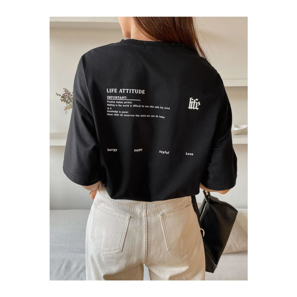 Benisengiydir Kadın Siyah Life Attıtucle Baskılı Oversize Bisiklet Yaka Tshirt L Beden Bayan T-shirt Fiyatı