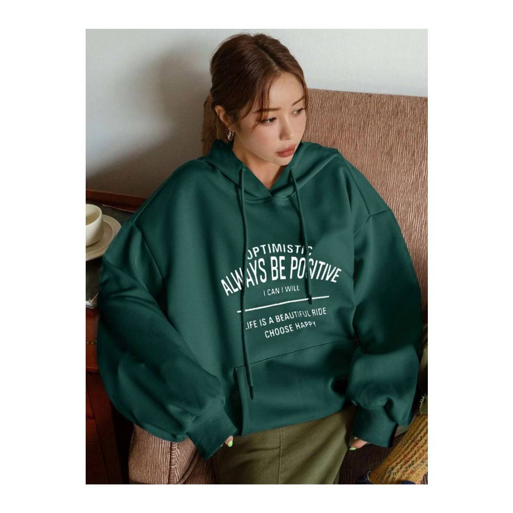 Benisengiydir Kadın Yeşil Comfort Baskılı Oversize Kapüşonlu Sweatshirt XL Beden Bayan Sweatshirt Fiyatı