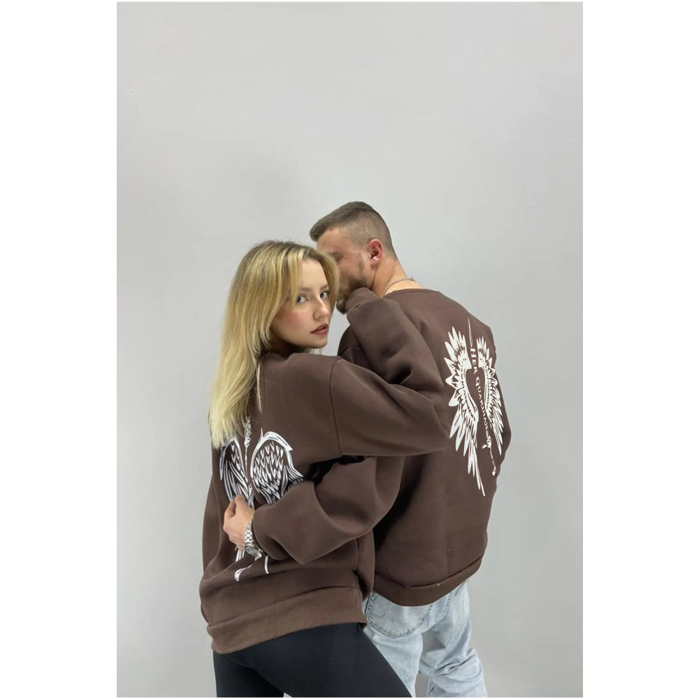 Benisengiydir Unisex Kahverengi Melek Kanadı Baskılı Bisiklet Yaka Sevgili Çift Kombini 2li Set L/L Beden Bayan Sweatshirt Fiyatı