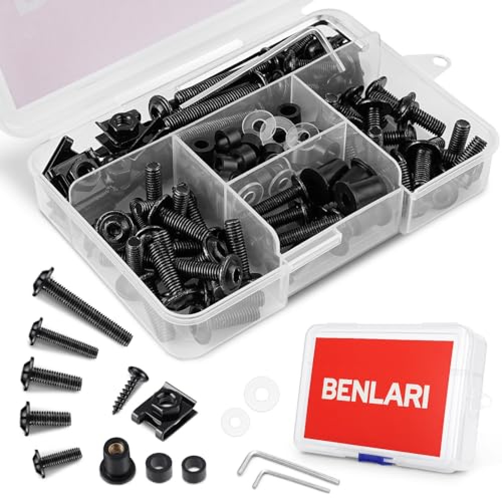 Benlari Motorcycle Fairing Bolt Kit 304 Stainless Steel Screws 177Pcs M5 M6 Universal Windscreen Screws Fit For Kawasaki Yamaha BMW Honda Suzuki GSXR Harley Davidson Black