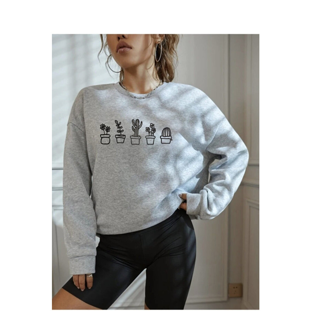 BENROMA Kaktüs Baskılı Gri Sweatshirt L Beden Bayan Sweatshirt Fiyatı