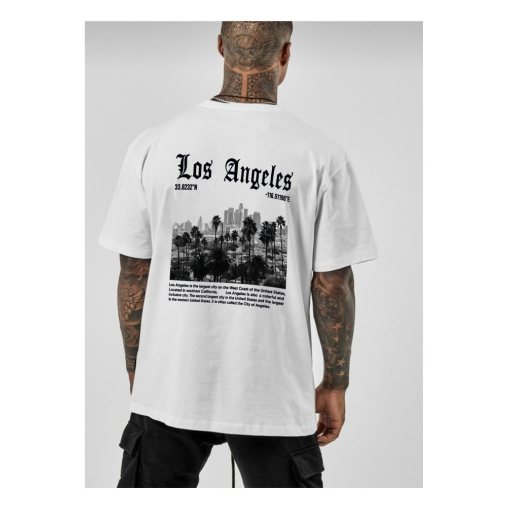 BENROMA Los Angeles Baskılı Oversize Beyaz T-shirt M Beden Bayan T-shirt Fiyatı