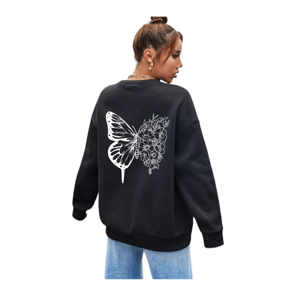 BENROMA Siyah Kelebek Baskılı Oversize Sweat XL Beden Bayan Sweatshirt Fiyatı