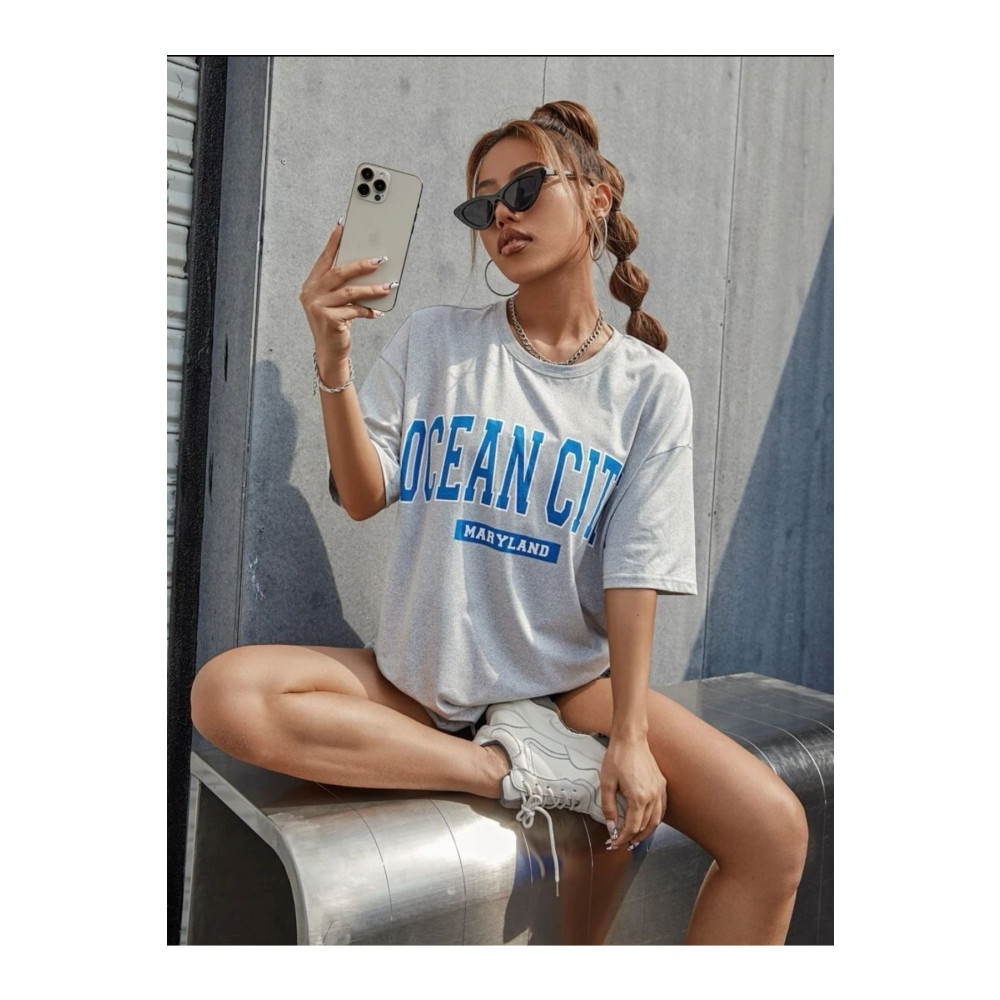 BENROMA Unisex Pamuk Gri Bisiklet Yaka Oversize Boyfriend T-shirt Ocean Baskılı L Beden Bayan T-shirt Fiyatı