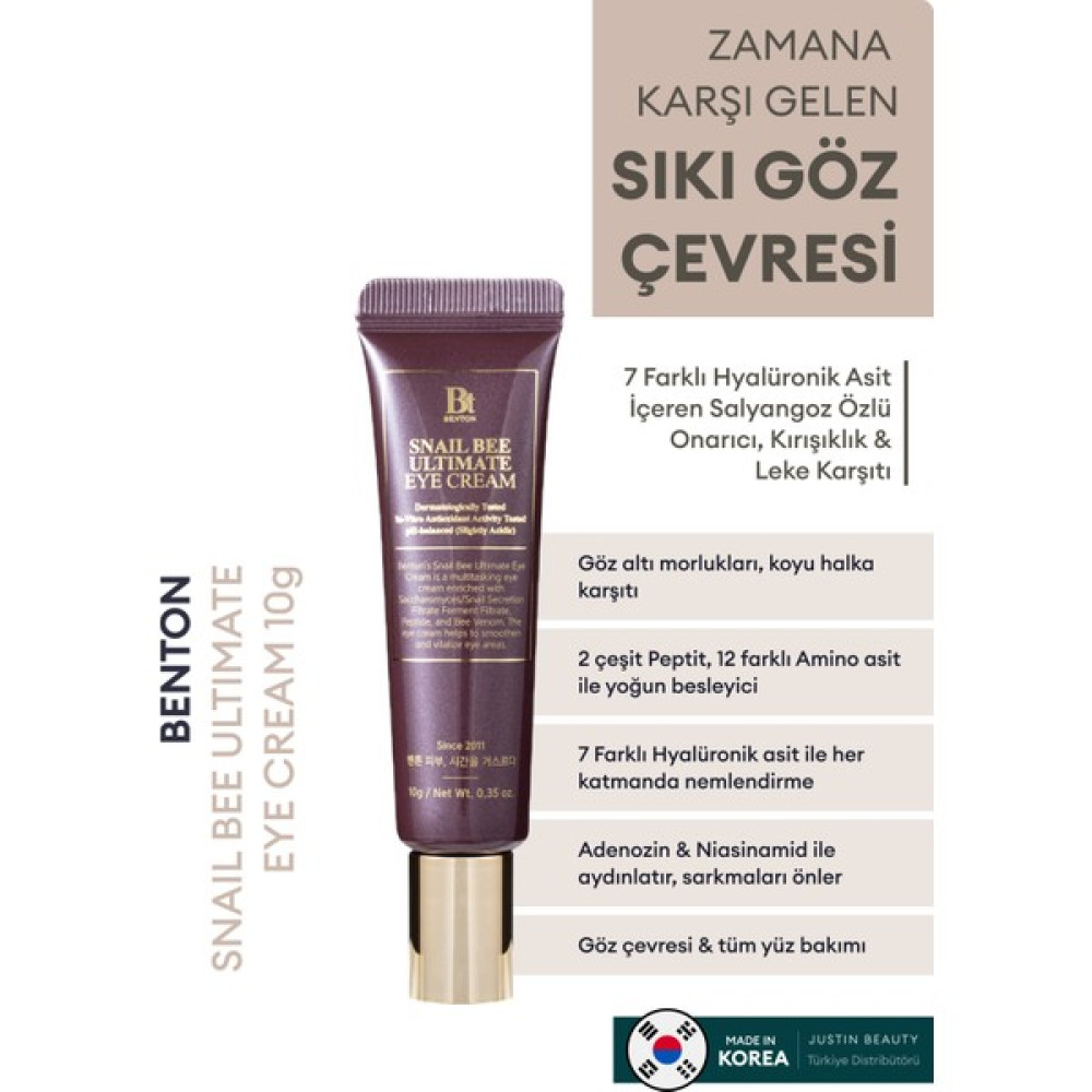 Benton Snail Bee Ultimate Eye Cream 10 gr- Koyu Halka Karşıtı ​​Salyangoz Özlü Göz Kremi Göz Kremi Fiyatı