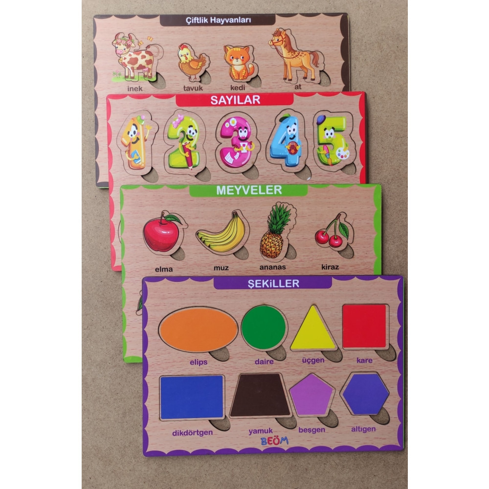 beöm Ahşap Türkçe Ciftlik Hayv. Meyveler-sekiller-sayilar 4’lü Set Eğitici-öğretici Yapboz Puzzle & Aksesuarları Fiyatı