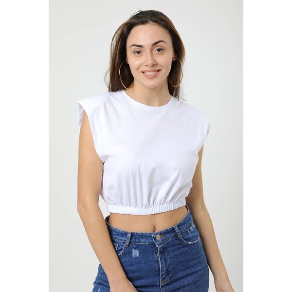 Berat Butik Kadın Beyaz Vatkalı Beli Lastikli Basic Crop T-Shirt Bayan T-shirt Fiyatı