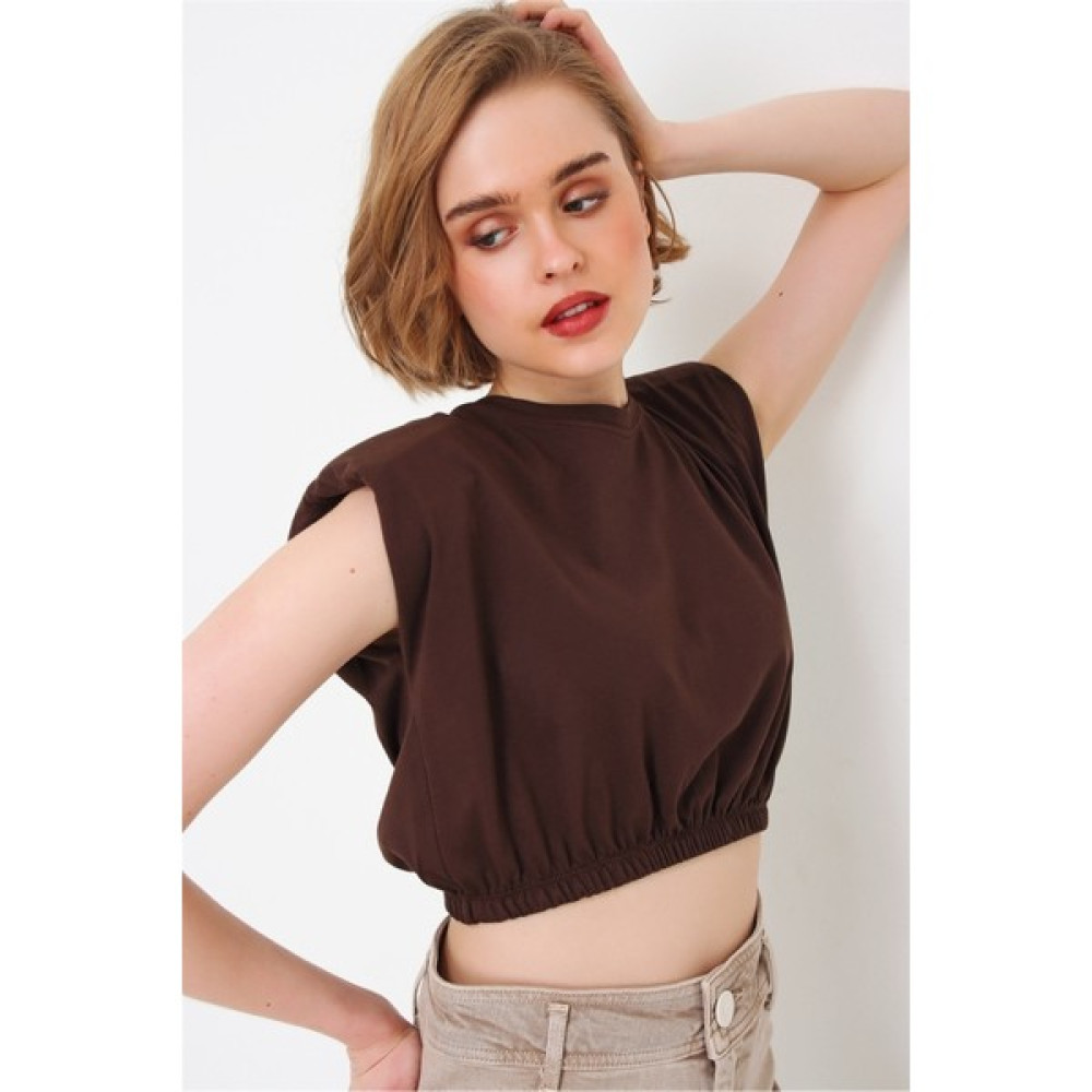 Berat Butik Kadın Kahverengi Vatkalı Beli Lastikli Basic Crop T-Shirt Bayan T-shirt Fiyatı