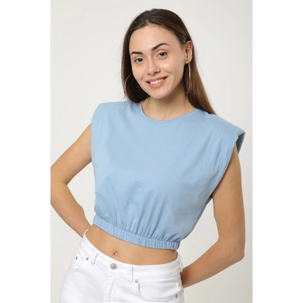 Berat Butik Kadın Mavi Vatkalı Beli Lastikli Basic Crop T-Shirt Bayan T-shirt Fiyatı