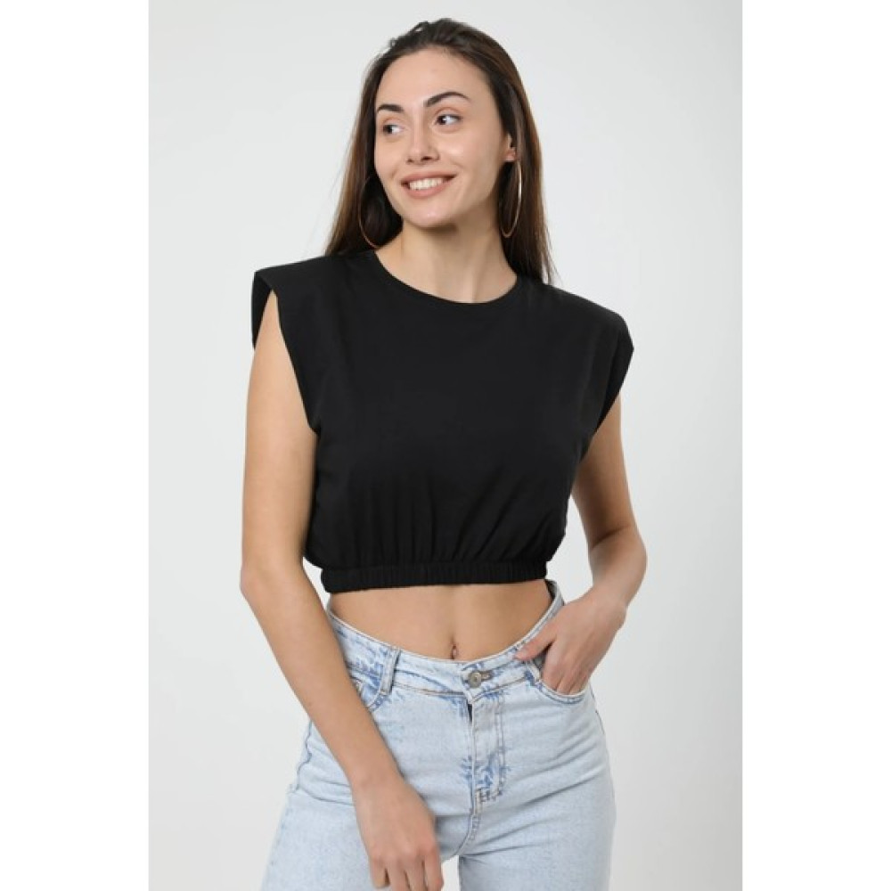 Berat Butik Kadın Siyah Vatkalı Beli Lastikli Basic Crop T-Shirt Bayan T-shirt Fiyatı