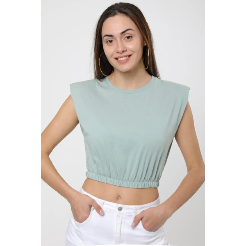 Berat Butik Kadın Su Yeşili Vatkalı Beli Lastikli Basic Crop T-Shirt Bayan T-shirt Fiyatı