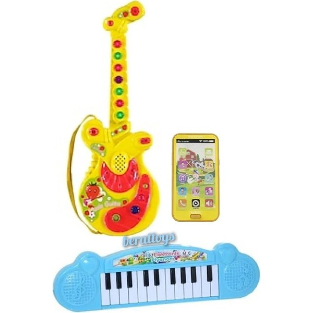 Berat Toys 3 Ürün Birarada Türkçe Müzikli Gitar&dokunmatik Telefon&22 Tuş Piyano - Mavi Eğitici Oyuncak Fiyatı