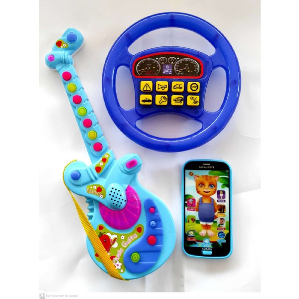 Berat Toys Üçü Bir Arada Türçe Müzikli Gitar Dokunmatik + Türkçe Müzikli Telefon + Türkce Sesli Direksiyon - Mavi Eğitici Oyuncak Fiyatı