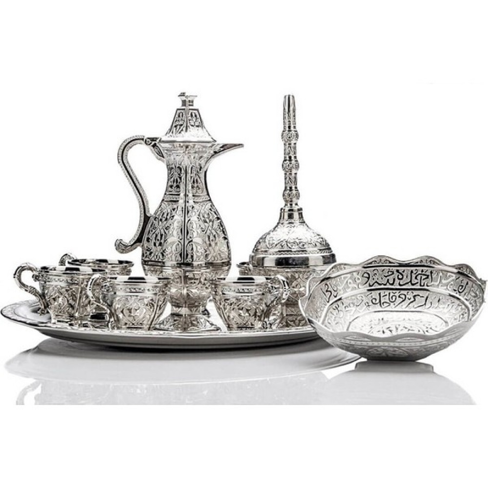Berat Zemzem Takımı - Tam Takım - Ebruli - Gümüş Renk Fincan / Bardak / Kahve Takımı Fiyatı