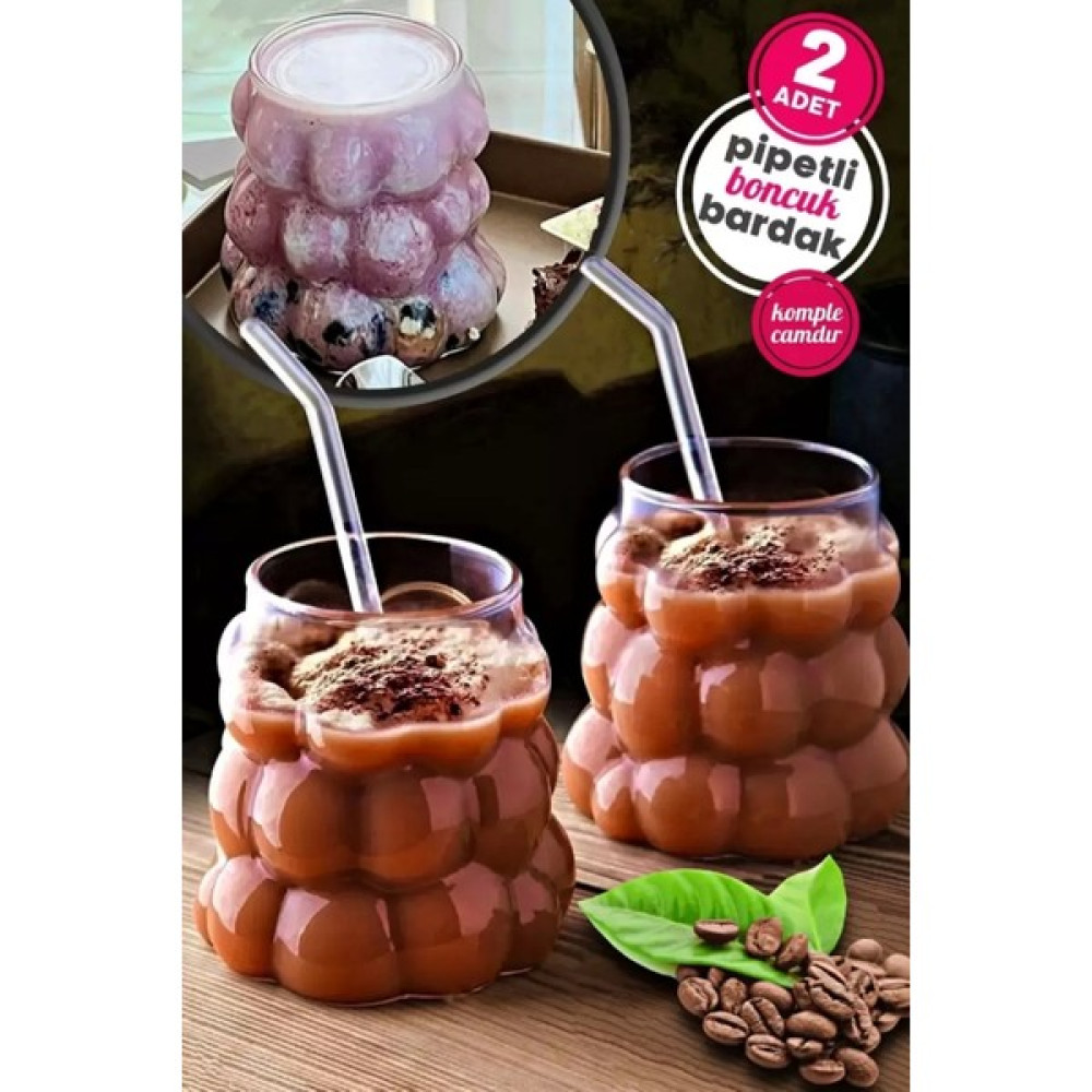 Berdina Home 2li Boncuklu Pipetli Cam Bardak Üzüm Tanesi Şeklinde 350 Ml. Fincan / Bardak / Kahve Takımı Fiyatı