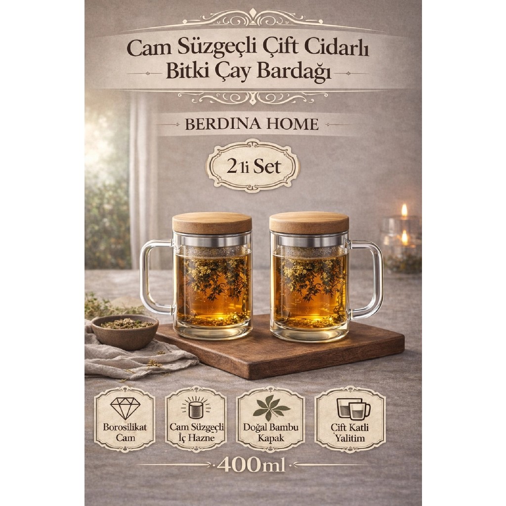 Berdina Home 2li Borosilikat Cam Süzgeçli Bambu Kapaklı Kupa Kulplu Demlik Modeli Çift Kat Bitki Çay Bardağı 400 Ml. - Şeffaf Fincan / Bardak / Kahve Takımı Fiyatı
