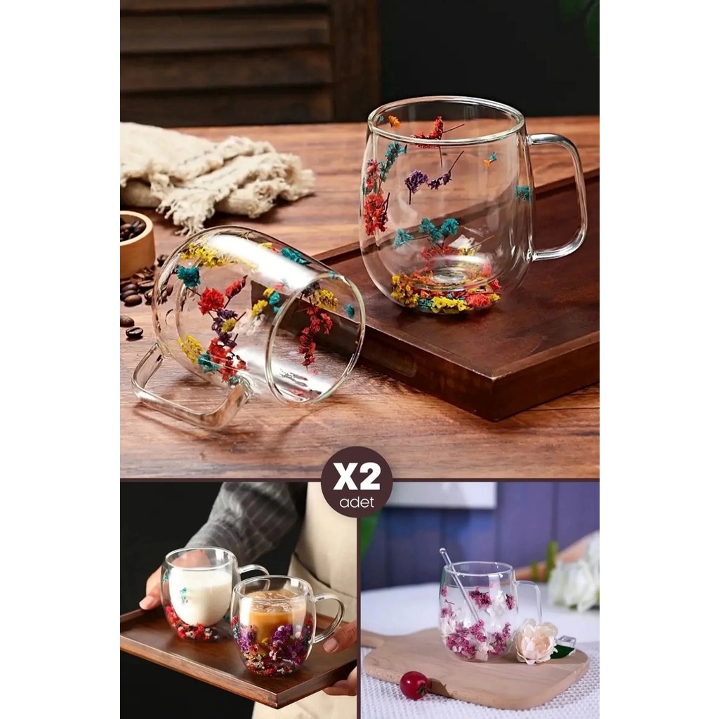 Berdina Home 2'li Çift Cidarlı Çiçekli Bardak 250 ml Kahve Çay Bardağı El Yapımı Kulplu Borosilikat Cam Bardağı - Şeffaf Fincan / Bardak / Kahve Takımı Fiyatı