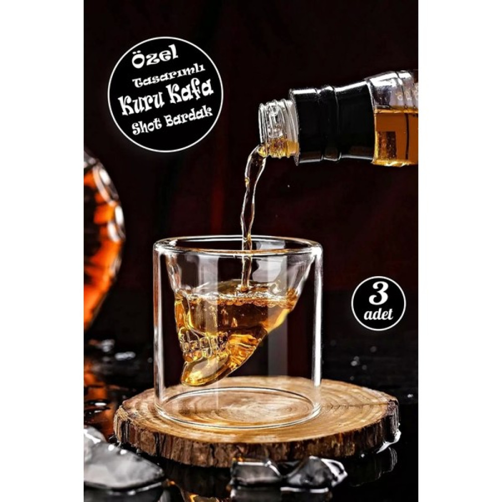 Berdina Home 3lü Kuru Kafa Viski Shot Bardağı Çift Cidarlı Bardak Skull Kristal Tasarım - Şeffaf Fincan / Bardak / Kahve Takımı Fiyatı