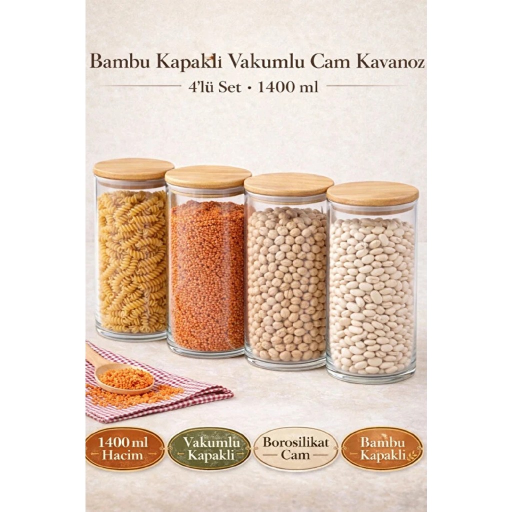 Berdina Home 4'lü Bakliyat Saklama Kabı Bambu Kapaklı Cam Kavanoz Vakumlu Baharatlık Mutfak Organizer Seti - Şeffaf - 4 Adet - 1500 ml Saklama Kapları Fiyatı