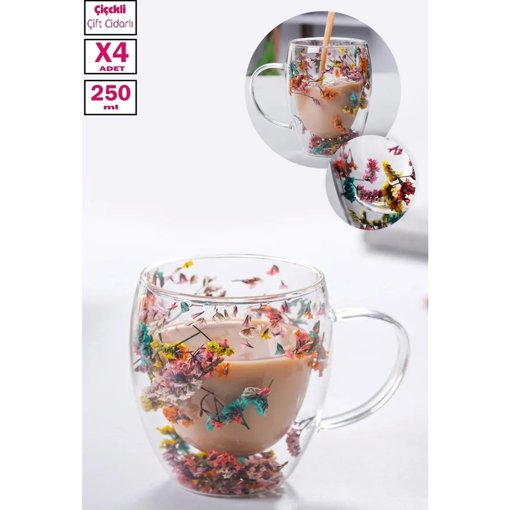 Berdina Home 4'lü Çift Cidarlı Çiçekli Bardak 250ML Kahve Çay Bardağı El Yapımı Kulplu Borosilikat Cam Bardağı - Şeffaf - 4 Adet Fincan / Bardak / Kahve Takımı Fiyatı