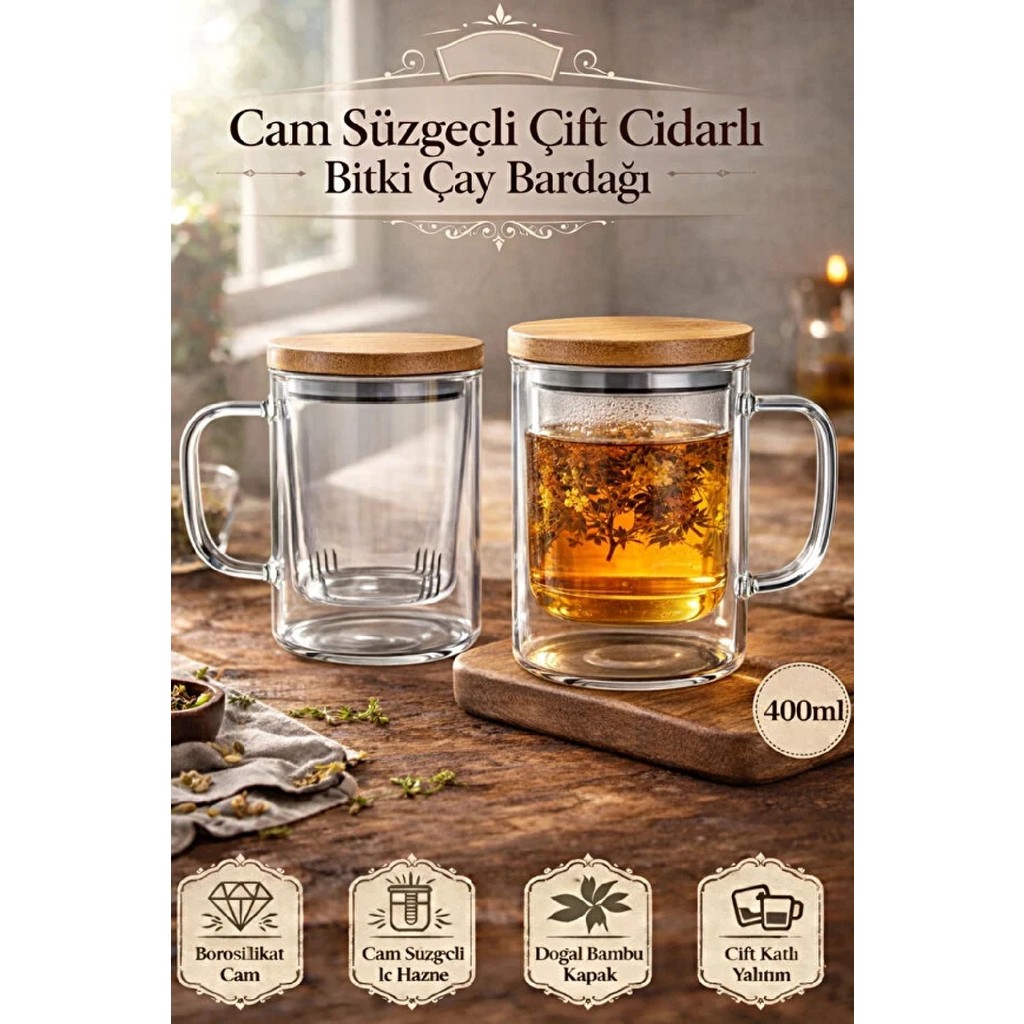 Berdina Home Borosilikat Cam Süzgeçli Bambu Kapaklı Kupa Kulplu Demlik Modeli Çift Kat Bitki Çay Bardağı 400 Ml. - 1 Adet - Şeffaf Fincan / Bardak / Kahve Takımı Fiyatı