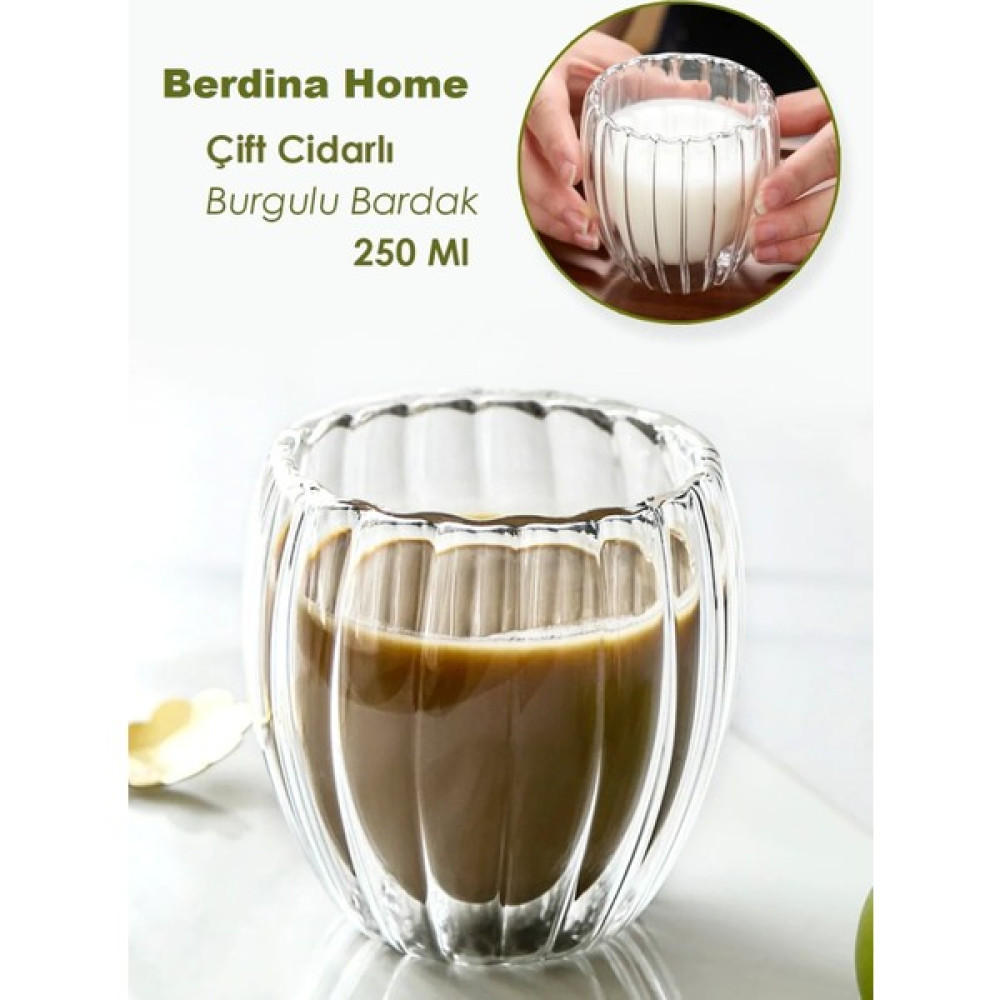 Berdina Home Isıya Dayanıklı Borosilikat Çift Çidarlı Burgulu Bardak Kahve ve Sunum - Şeffaf Fincan / Bardak / Kahve Takımı Fiyatı