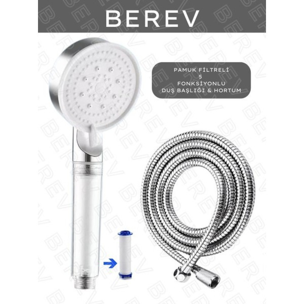 Berev Filtreli 5 Fonksiyonlu Krom Yüksek Basınçlı Ayarlanabilir Duş Başlığı 150 cm Hortum - Beyaz Duş Seti Fiyatı