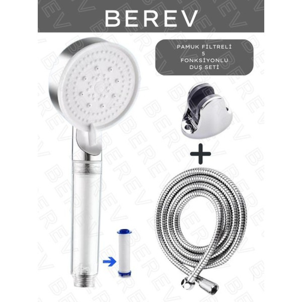 Berev Filtreli 5 Fonksiyonlu Krom Yüksek Basınçlı Ayarlanabilir Duş Başlığı 150 cm Hortum Mafsallıı Set - Beyaz Duş Seti Fiyatı