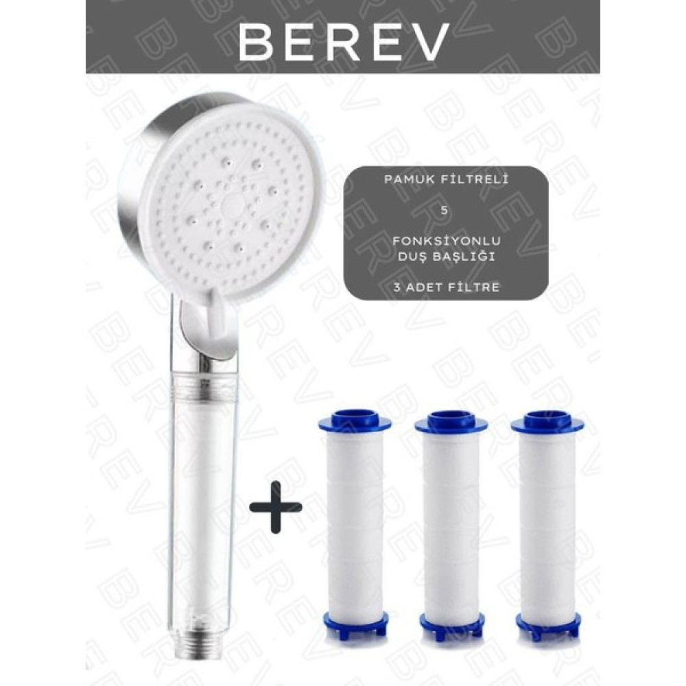 Berev Filtreli 5 Fonksiyonlu Krom Yüksek Basınçlı Ayarlanabilir Duş Başlığı 3 Adet Duş Başlığı Filtresi - Beyaz Duş Seti Fiyatı