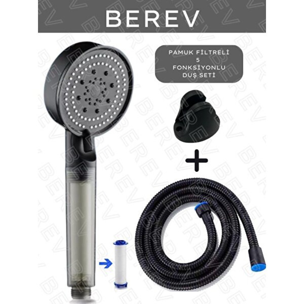 Berev Filtreli 5 Fonksiyonlu Siyah Yüksek Basınçlı Ayarlanabilir Duş Başlığı 150 cm Siyah Hortum Mafsallı Set Duş Seti Fiyatı