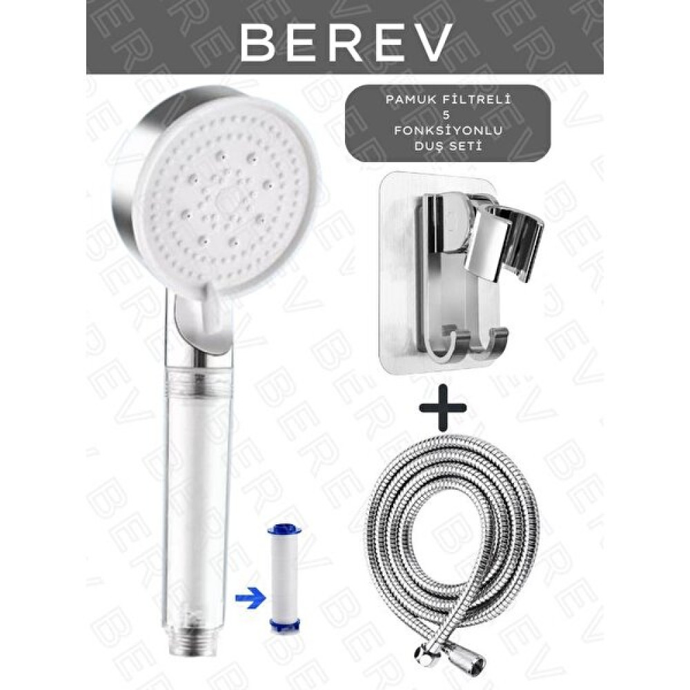 Berev Filtreli 5 Fonksiyonlu Yüksek Basınçlı Ayarlanabilir Duş Başlığı 150 cm Hortum Yapışkanlı Duş Başlığı Askısı Mafsal Gri Duş Seti Fiyatı