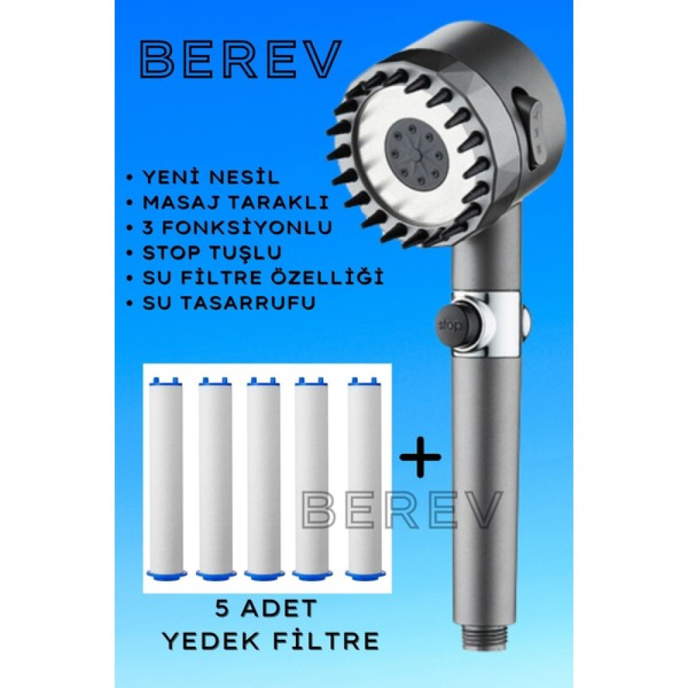 Berev Masajlı 3 Fonksiyonlu Su Tasarruflu Filtreli Turbo Jet Duş Başlığı Siyah 5 Adet Filtre Duş Başlığı Fiyatı