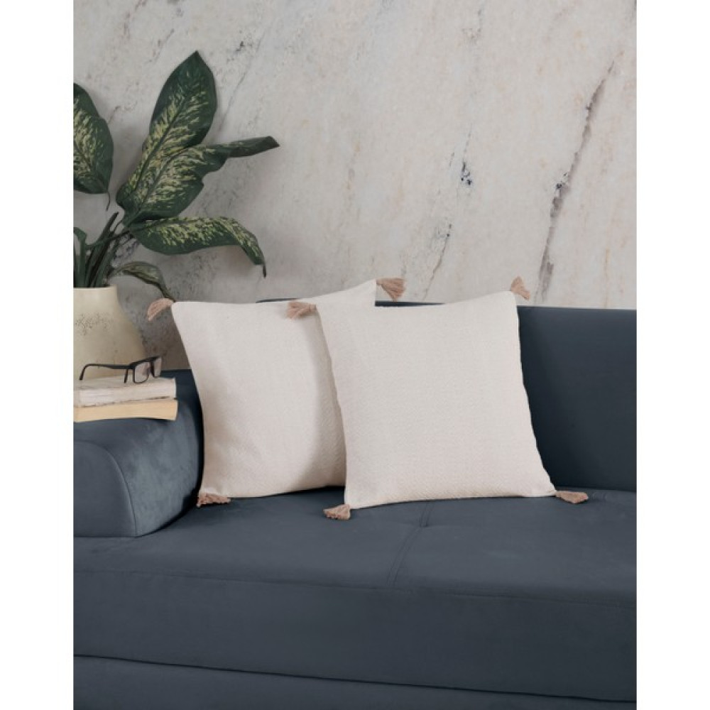 Bergama Ekru 2'li Bej Ponponlu Kırlent Kılıfı 45 x 45 cm Yastık Minder Kılıfı Fermuarlı Püsküllü - Ekru - Bej Kırlent / Mobilya Yastığı Fiyatı