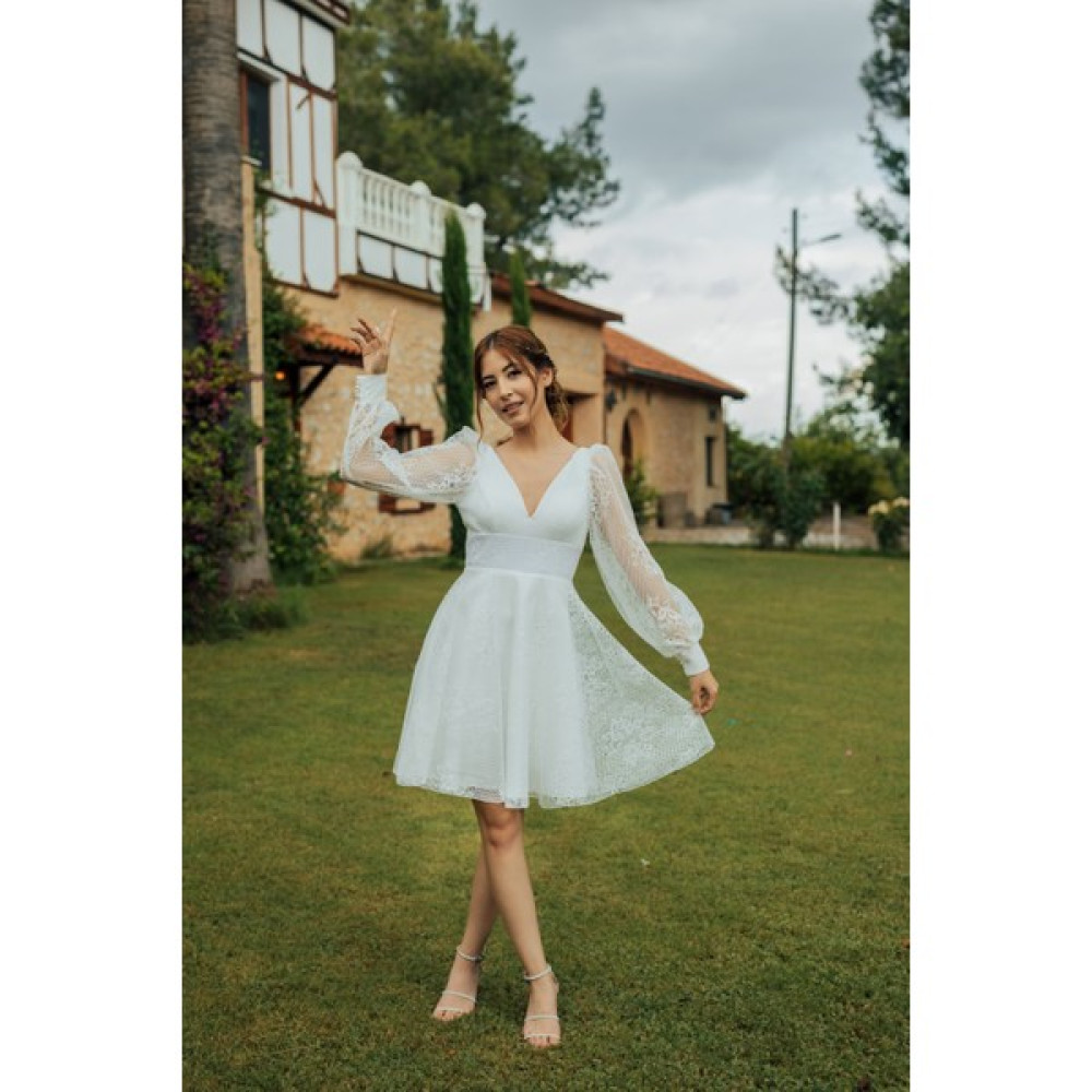 Berissima Bride Selene Derin Yaka Dekolteli Balon Kol Beyaz Dantel Elbise Elbise Fiyatı