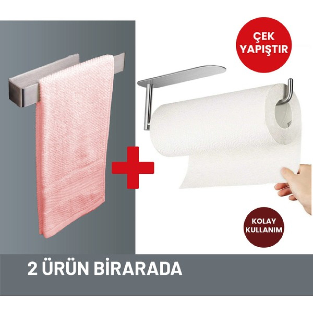 Bermega Paslanmaz Çelik Havluluk Seti - Havlu Askısı, Çift Taraflı Bantlı, Yapışkanlı -Kağıt Havluluk +Banyo Havluluğu - Gümüş Havluluk Fiyatı