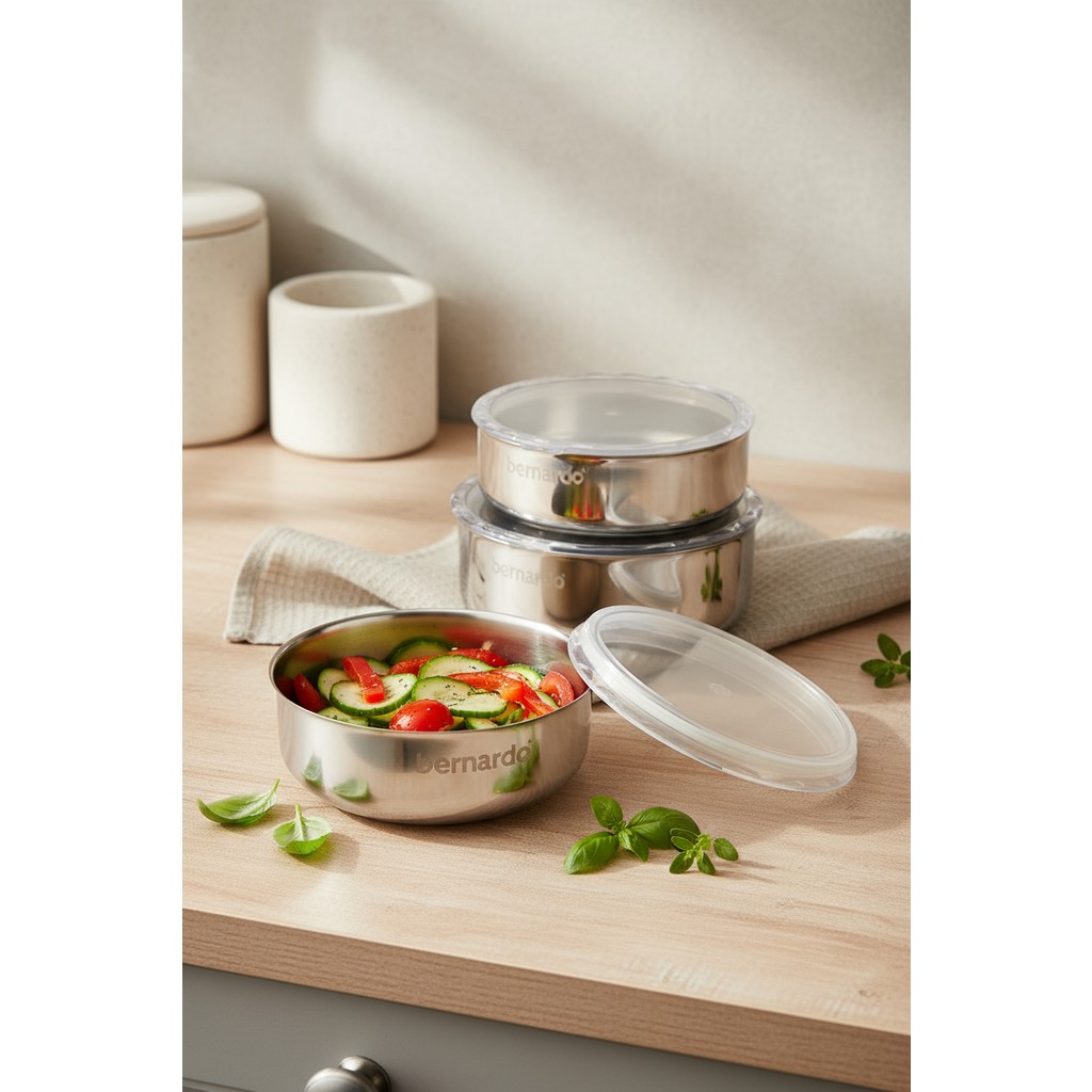 Bernardo Stelo 3'lü Çelik Saklama Kabı ( 16-18-20 cm ) 6 Parça - 1 lt - Inox Eşya Saklama / Düzenleme Fiyatı