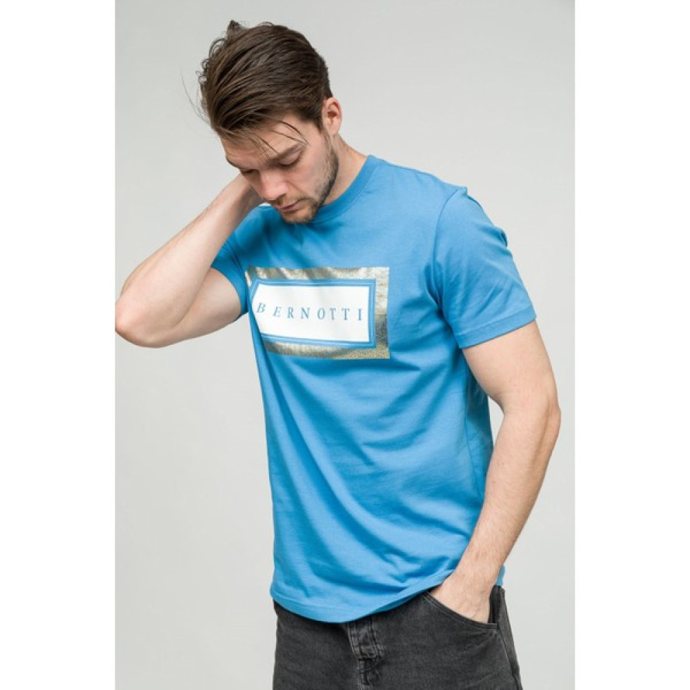 Bernotti79 Sıfır Yaka T-Shirt Mavi Beyaz Varak Baskılı Basic Erkek Erkek T-shirt Fiyatı