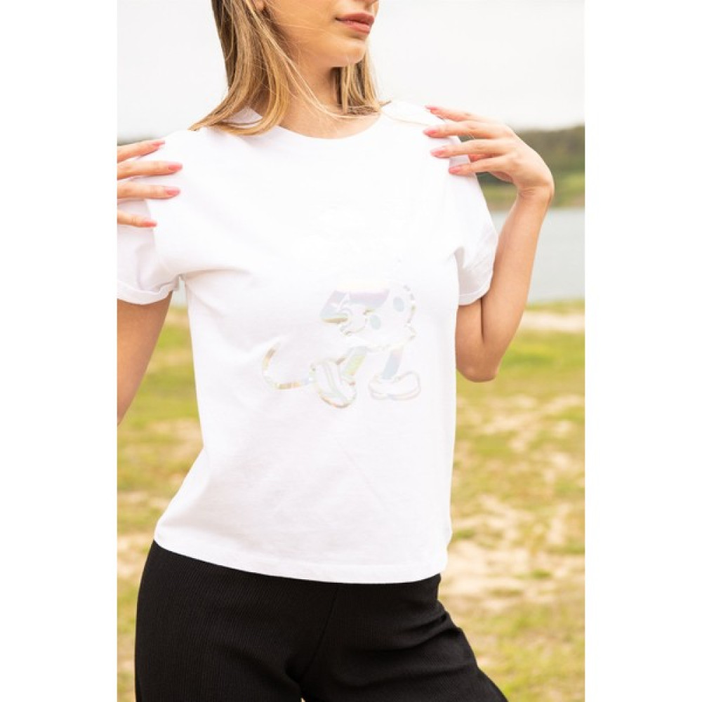 Berse Butik Beyaz Varak Baskılı T-Shirt Bayan T-shirt Fiyatı
