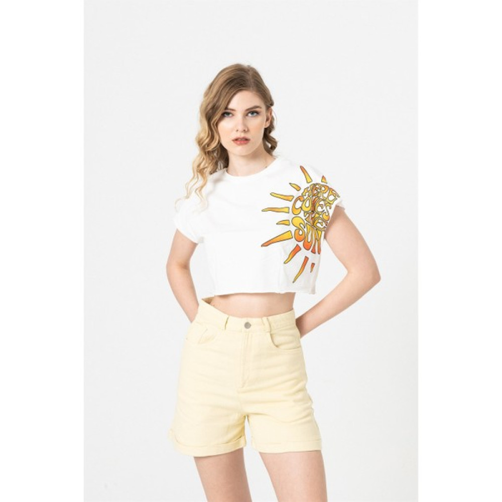 Berse Butik Ekru Baskılı Bisiklet Yaka Crop Bayan T-shirt Fiyatı