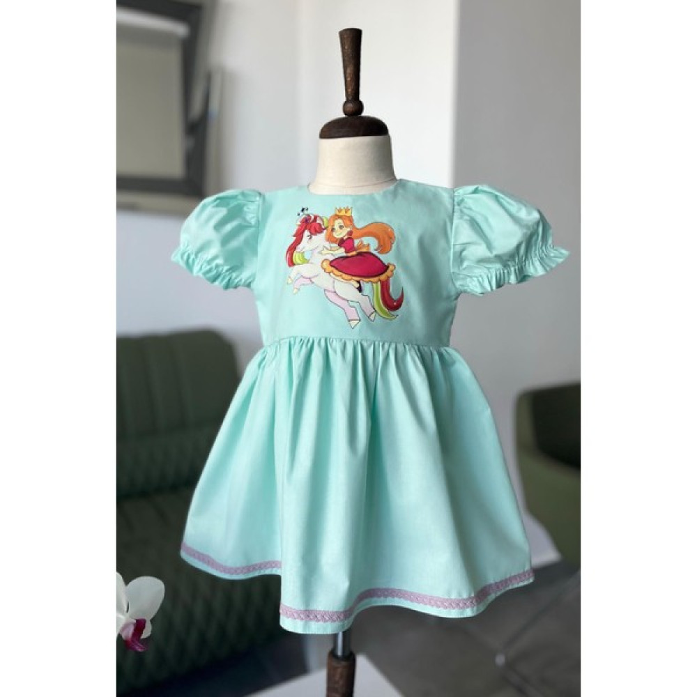 Bertuğ Bebek Prenses Kız Unicorn Şeker Baskılı Poplin Su Yeşili Kız Çocuk Bebek Elbise Kız Çocuk Elbise Fiyatı