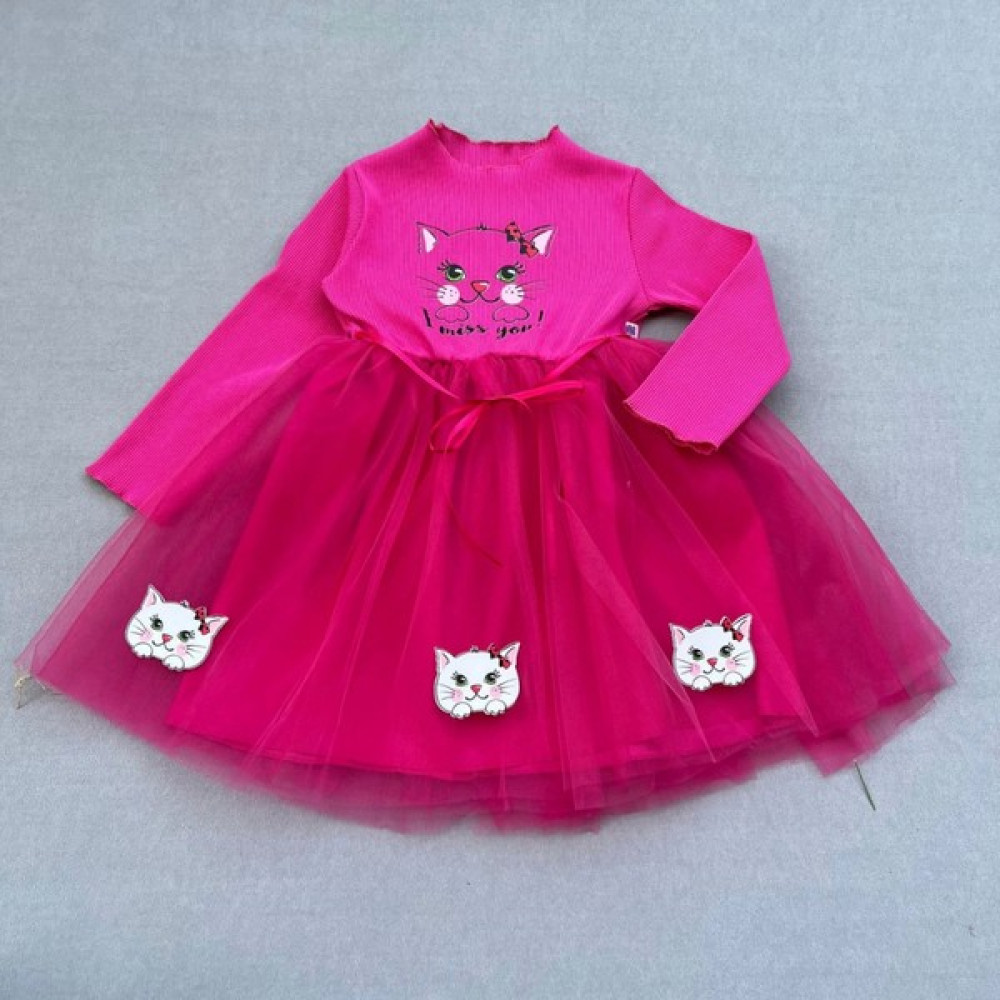 Beruflic Minik Kedi Desenli Kurdela Kuşaklı Astarlı Kız Çocuk Tütü Elbise Pembe Kız Çocuk Elbise Fiyatı