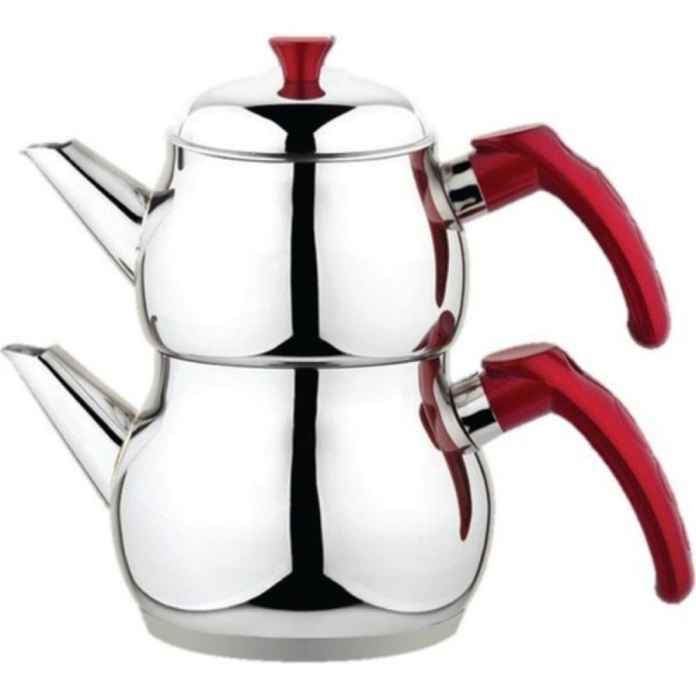 Besa Çelik Çaydanlık Kırmızı Kulp Orta Boy Süzgeçli Demlik Çelik Çay / Çaydanlık Setleri Fiyatı