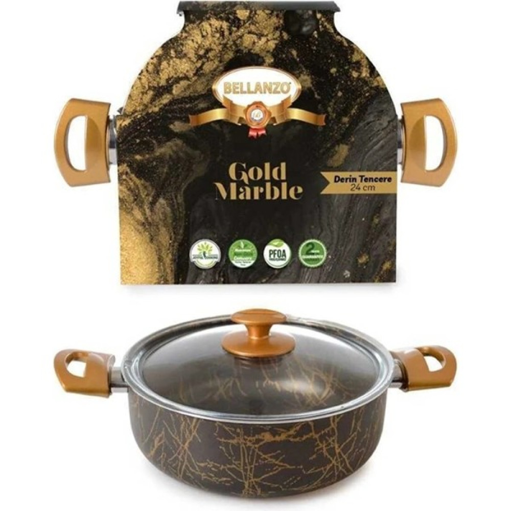 Besa Derin Tencere 24CM Gold Desenli Cam Kapaklı Tencere / Tava Setleri Fiyatı