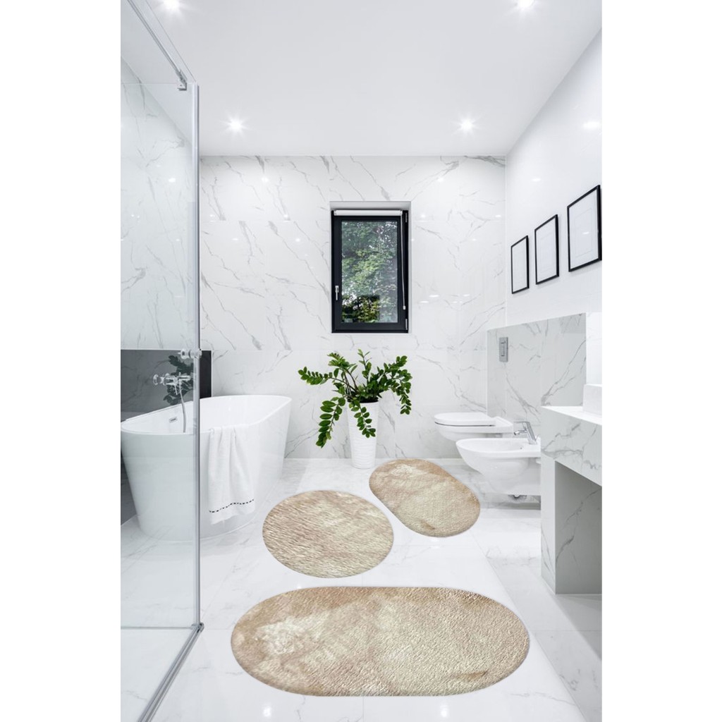 Besely 3'lü Peluş Banyo Halısı Paspası Bej Renkli Kaymaz Tabanlı Desenli Takım Araca Özel Paspaslar Fiyatı