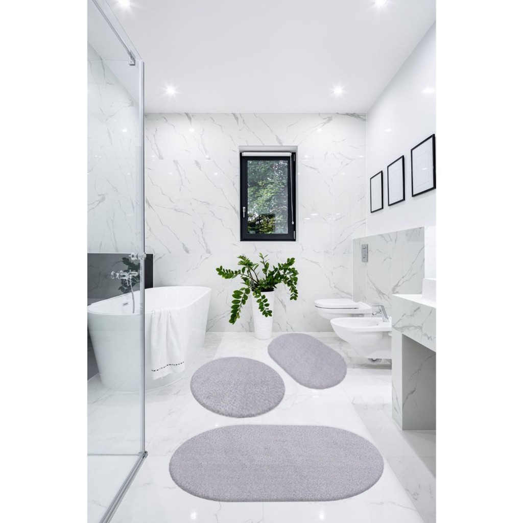 Besely 3'lü Peluş Banyo Halısı Takımı Açık Gri Kaymaz Tabanlı Elips ve Yuvarlak Desenli Anne Bebek Oyuncak Fiyatı
