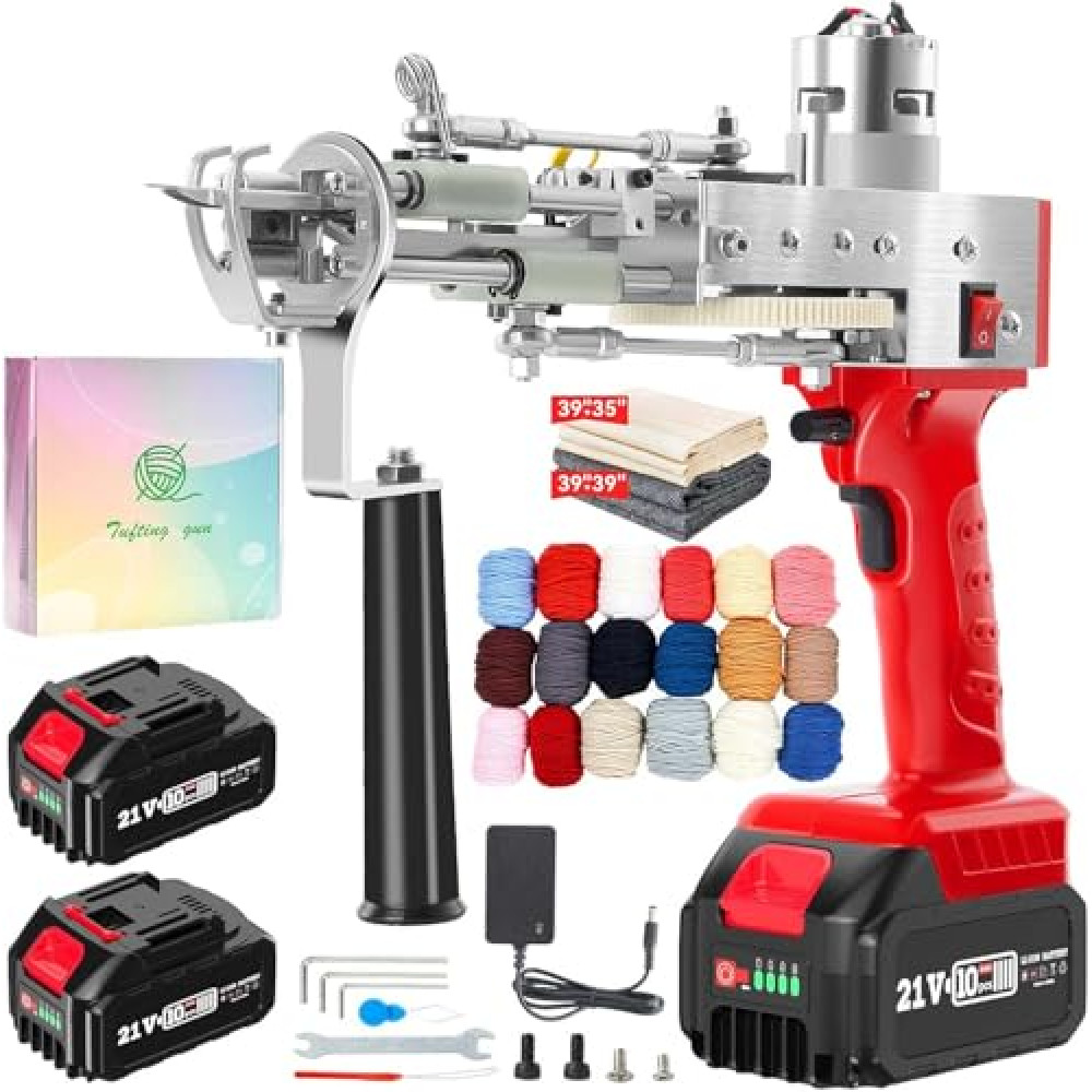 BESGEER 2024-Cordless-Rug-Tufting-Gun-Kit - Tufting-Gun-Starter-Kit-with 2pcs 4.0Ah Batteries，2 in 1 Cut Pile and Loop Pile Tufting Gun, Carpet Gun Kit with Tufting Cloth and Yarn Beginners（Baby Red）
