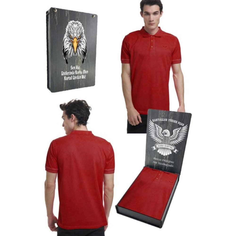 Beşiktaş Orijinal Polo Yaka Kırmızı T-Shirt Kişiye Özel Hediyelik Ahşap Kutulu Erkek T-shirt Fiyatı