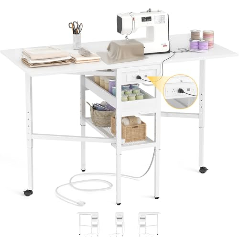 Besiost Folding Sewing Table with Charging Station, Height Adjustable Craft Table with Storage, 50" Foldable Fabric Cutting Table, Portable Sewing Cutting Tables for Sewing Room Craft Room, White Sewing Machine Accessories Fiyatı